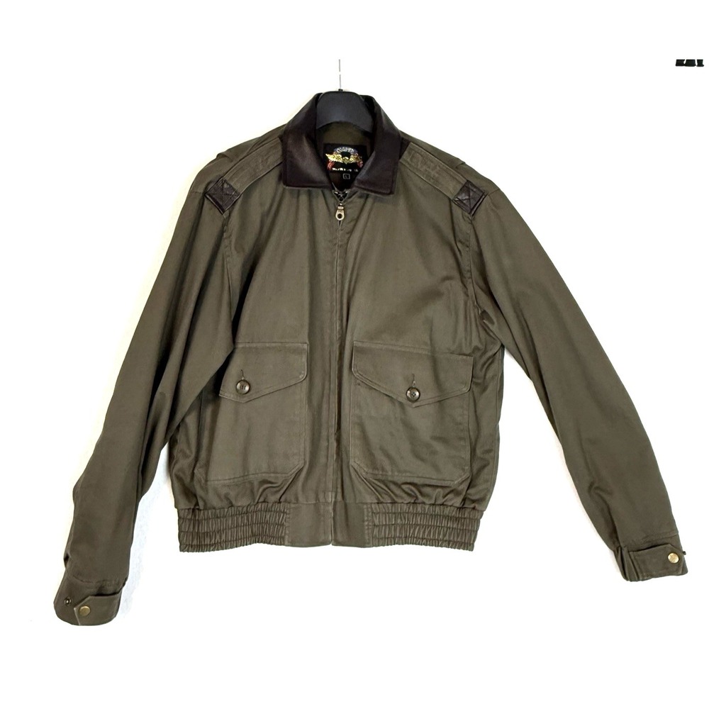 Cooper Bomber Jacket L Dark Green Cotton Leather Accents USA *Broken Pocket Pull